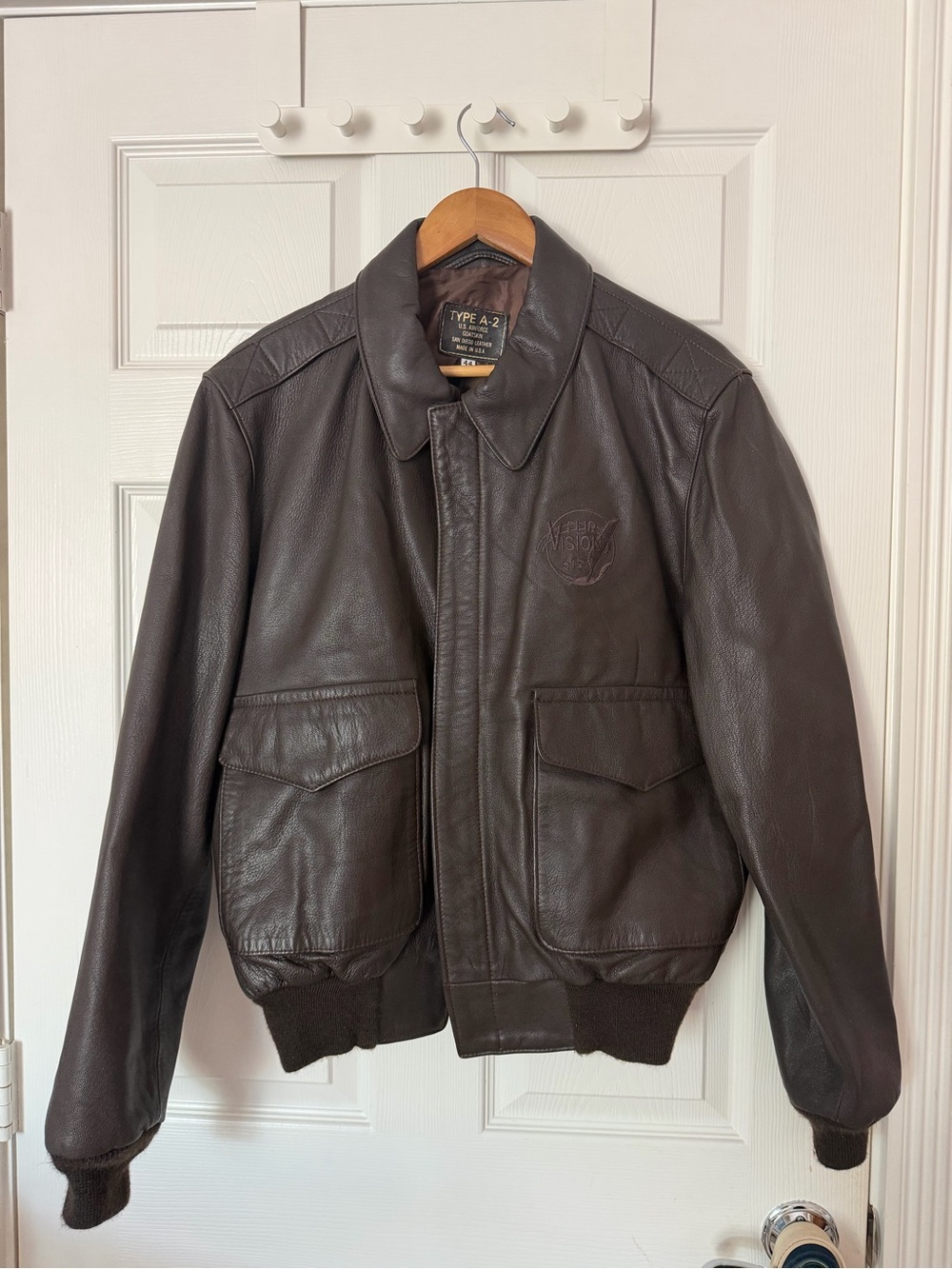 Vintage Dark Brown Leather Bomber Jacket